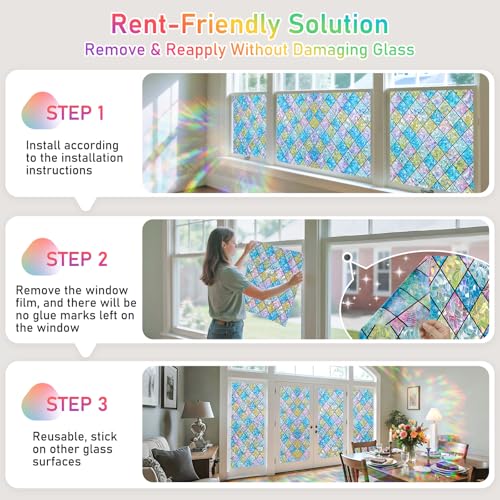 Image of Sunbaby Window Privacy Film Stained Glass Decorative Rainbow Window Cling 3D Static Clings Colorful for Home Decoration, Anti-UV & Heat Control Non-Adhesive (35.4 inchx78.7 inch)