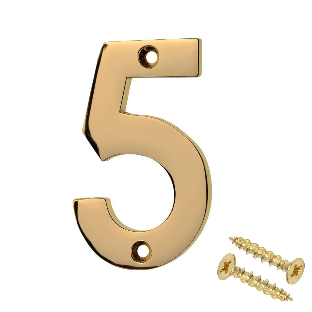 Merriway Solid Brass Bh04231 Polished And Lacquered Screw-On House Flat Gate Post Numeral 75 Mm (3 Inch) Number 5