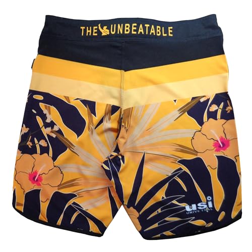 Image of USI Universal 411PA Aloha Physique Board Shorts, Polyester Fitness Shorts, Hook & Loop Fly, Drawstring Closure, Tailored Fit for Thin Waist & Muscular Thighs (in, Alpha, L, Gold /Black)