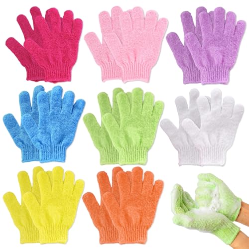 Guantes exfoliantes de bambú 8 pares multicolor, guantes de baño exfoliantes para ducha, talla única, exfoliador corporal suave y elástico para mujer, hombre y niños, uso diario y spa