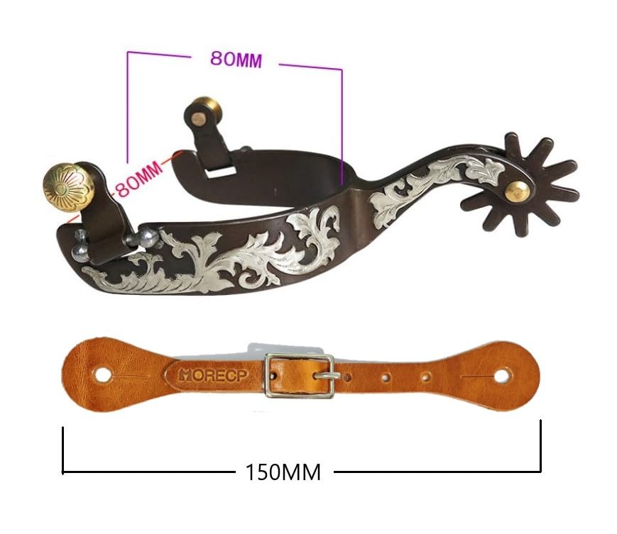 Western Cowboy Spurs,Paired with Cowhide Holes Spurs Belt, Vintage Carved Spurs, Retro Bronze Low Carbon Steel Horse Spurs with Turnable Gear, for Riding Competition Spurss-MP1229-08 - Image 3