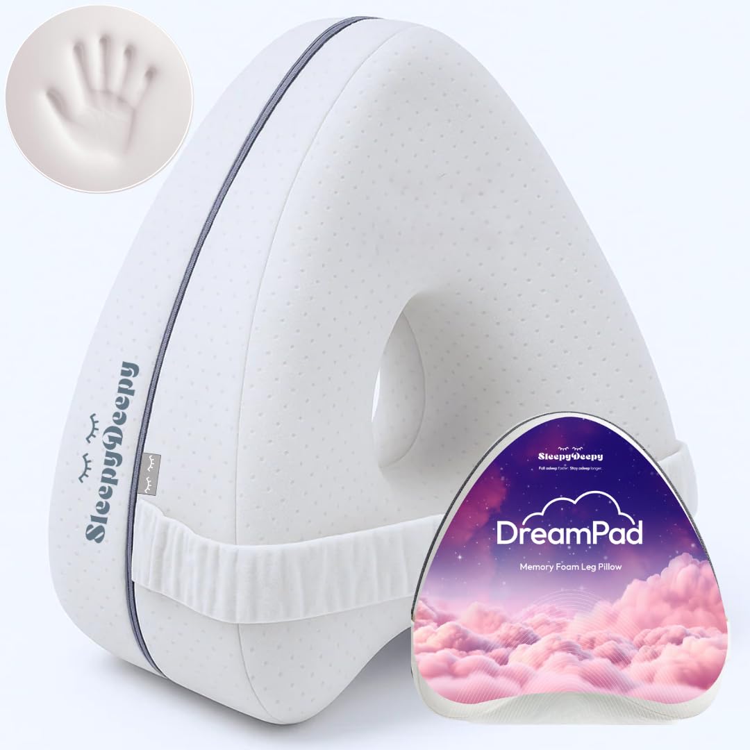 Sleepydeepy White Dreampad Memory Foam Contoured Leg & Knee Pillow For Side Sleepers, Ergonomic Design For Hip And Spine Alignment, Aleviate Sciatica,