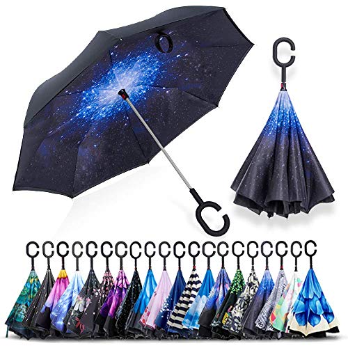 ALINK Inside Out Reverse Folding Umbrella, Large Double Layer Outdoor Rain & Sun Inverted Open & Close No Drip Umbrella - Starry Sky