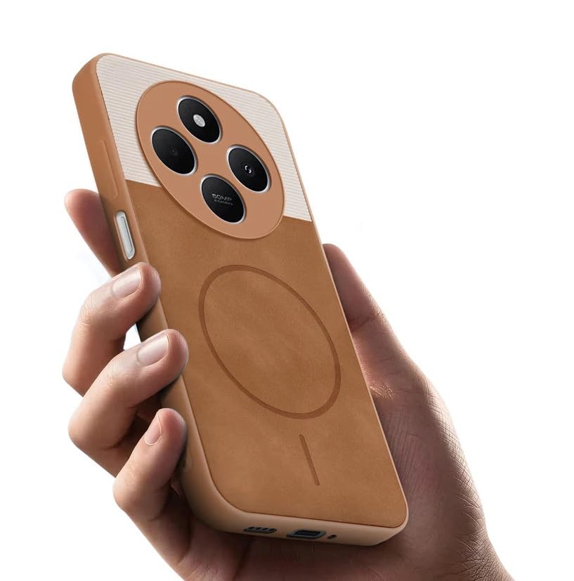 Image of Bintage CASE Mac Safe Design Hard Light Weight Back Case | Soft Border Camera Protect | Dual PU Leather Finish Back Cover Compatible for Poco M7 / Redmi 14C 5G - White & Brown