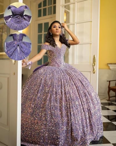 Youjiayi Sparkly Sequin Quinceanera Dresses with Train Off Shoulder Sweet 16 Dress with Bow Princess Long Ball Gown for Women2