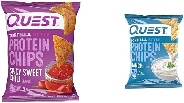 Quest Nutrition Tortilla Chip Spicy Sweet Chili, 1.1 Ounce Pack of 12 & Tortilla Style Protein Chips, Ranch, Baked, 19g Protein, 4g Net Carb, Low Carb, Gluten Free, 1.1 Ounce Pack of 12