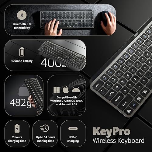 acer KeyPro X105 Wireless Keyboard I Dual Mode 2.4GHz USB + BT 5.0 I 105 Keys Full Size Keyboard I Rechargeable 400mAh Battery I USB-C Charging I 64H Use I Windows Mac Android Compatible I Space Grey view 2