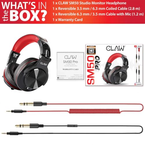 Image of CLAW SM50 PRO Professional Studio Monitoring DJ Wired Headphone with Protein Leather Cushions | 2 Detachable Cables (2.8m Coiled & 1.2m Straight Cable with Mic and in Line Control) Black and Red