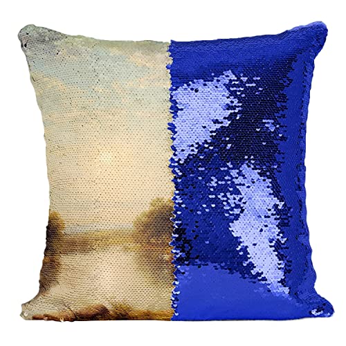 Coussin sequin bleu avec peinture de vaches et prés boisés - 2