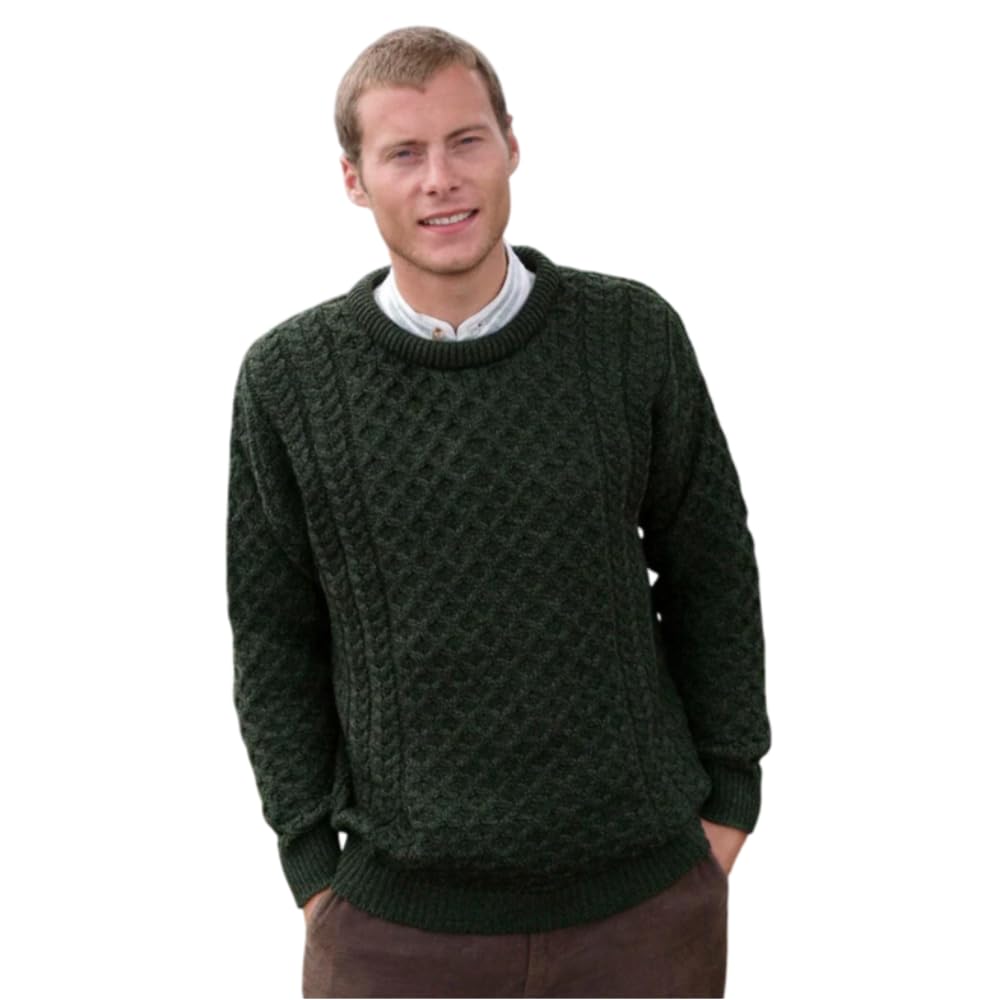 Irish Merino Wool Traditional Crew Neck Aran Jumper by Carraig Donn, Green, M