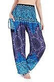 Lannaclothesdesign Harem Pants Women High Waist Bohemian Yoga Pants with Pockets - Boho Hippie Clothes (L, Blue)