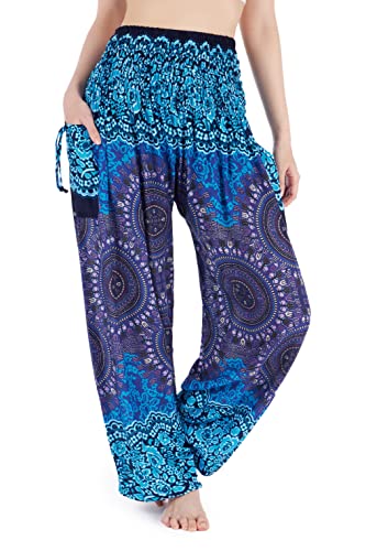 Lannaclothesdesign Harem Pants Women High Waist Bohemian Yoga Pants with Pockets - Boho Hippie Clothes (XL, Blue)