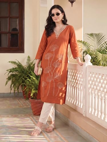 Image of INDO ERA Women Viscose Rayon Straight Fit Straight Floral Embroidered Kurtas