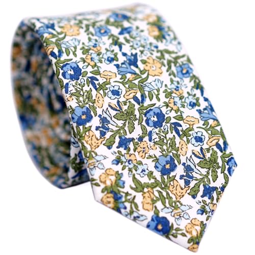 BELLUNO Corbatas de algodón para hombre, estampado floral para boda, novio, padrinos, misiones, danzas, con caja de regalo - Azul - Flaco