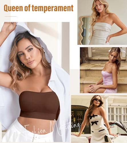 Image of DEANGELMON Strapless Bras for Women Wireless Push Up Non-Slip Bandeau Bra Seamless Clear Straps TubeTop Padded Bralette