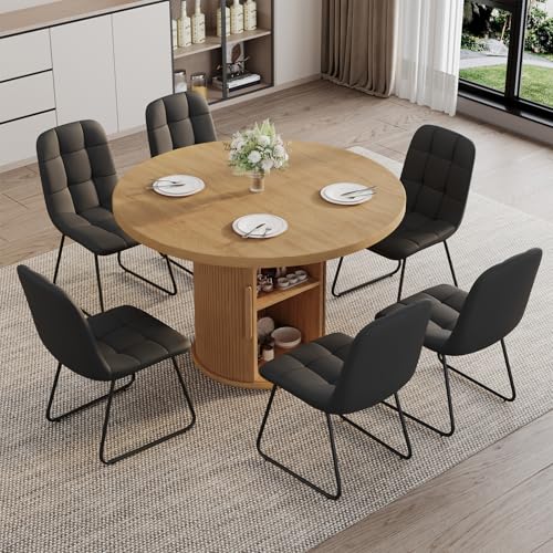 Image of 5-Piece Dining Set for Small Spaces 43.3 inch Round Table & 4 PU Leather Chairs, Modern Farmhouse with Storage Shelf, Apartment Kitchen Easy Assembly (Natural Color Round Table + 4 Modern Black Chairs)