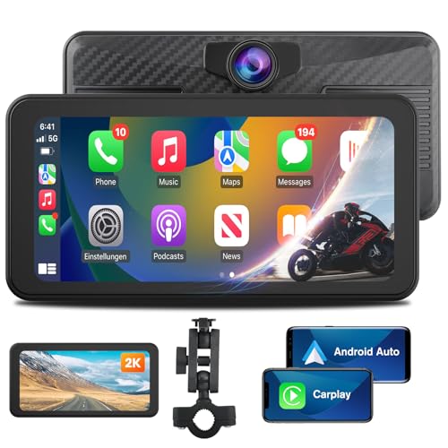 AWESAFE Pantalla Táctil de 6.25 Pulgadas para Motocicleta con CarPlay/Android Auto Inalámbrico, Estéreo Portátil con Pantalla IPS Impermeable/Dashcam 2K Frontal/Soporte para Moto，Admite Bluetooth/TF