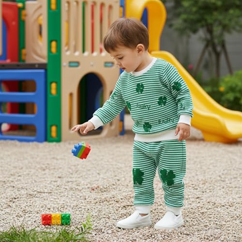 Image of Toddler Baby Boy St Patricks Day Outfit Infant Lucky Clover Sweatshirt Pants Set Little Kids Spring Warm Clothes
