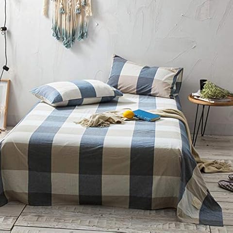 Haru Homie 100% Organic Washed Cotton Flat Sheet Simple Style Bedding - Ultra Soft and Easy Care(Full, Blue/Khaki Grid) Cover