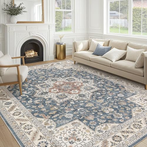 Cotiled Vintage Living Room Area Rug 8x10 - Large Soft Washable Oriental Traditional Distressed Farmhouse Rugs for Bedroom - Indoor Floor Accent Carpet for Home Office House Decor-Vintage Blue by cotiled - Used condition - CA$133.52