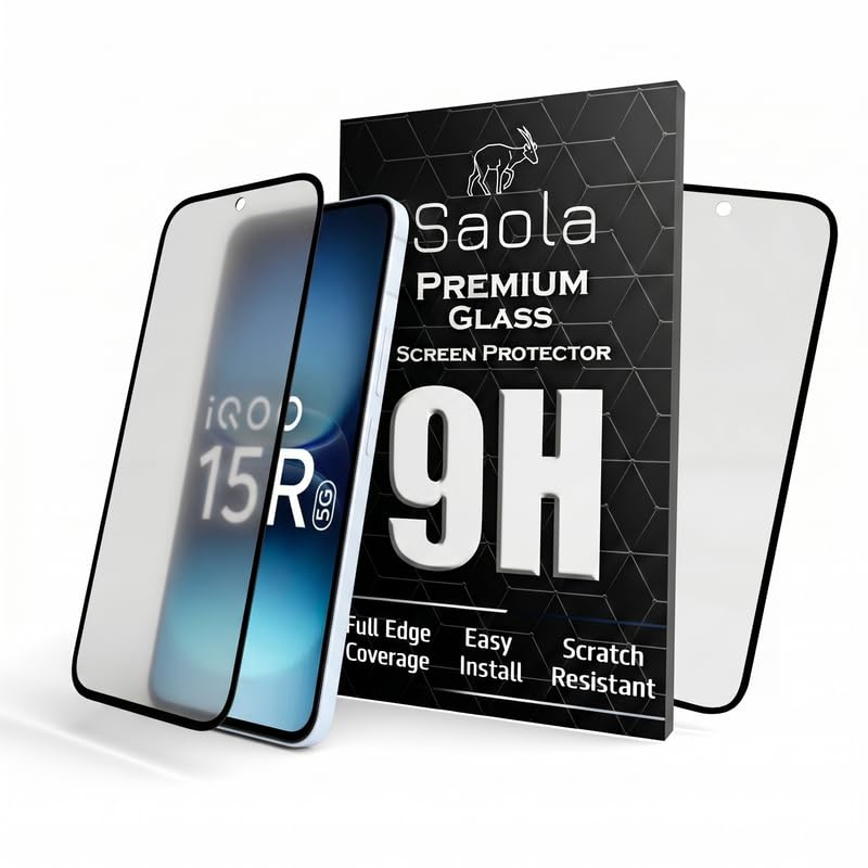 Image of Saola HD Matte Tempered Glass With 18H Hardness For IQOO 15R (Pack Of 2) with Hassle-less Installation Kit. Full screen Coverage. 6.59 inch