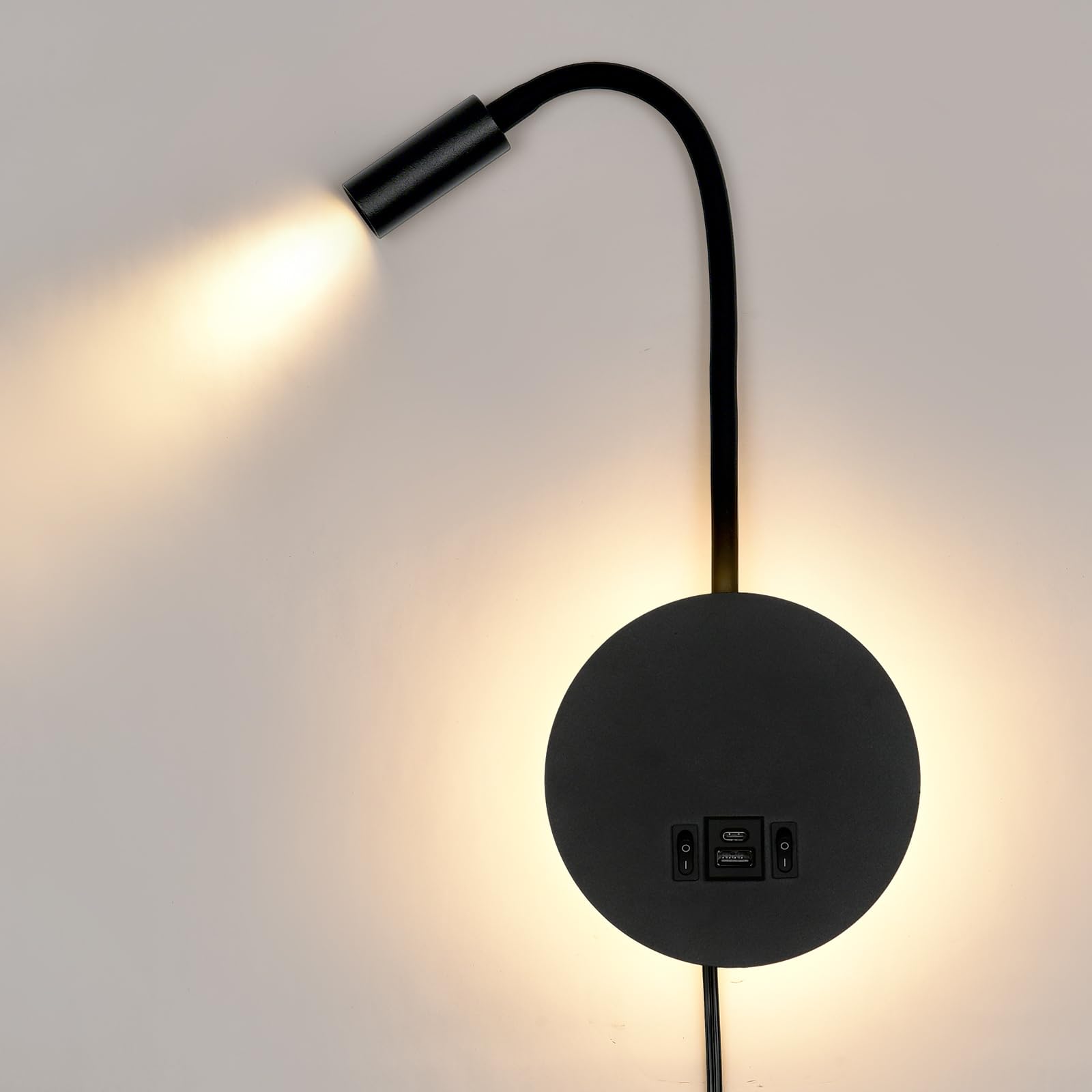 Wall Mounted Reading Light with USB & Type C Charging Port, Plug-in LED Headboard Reading Light