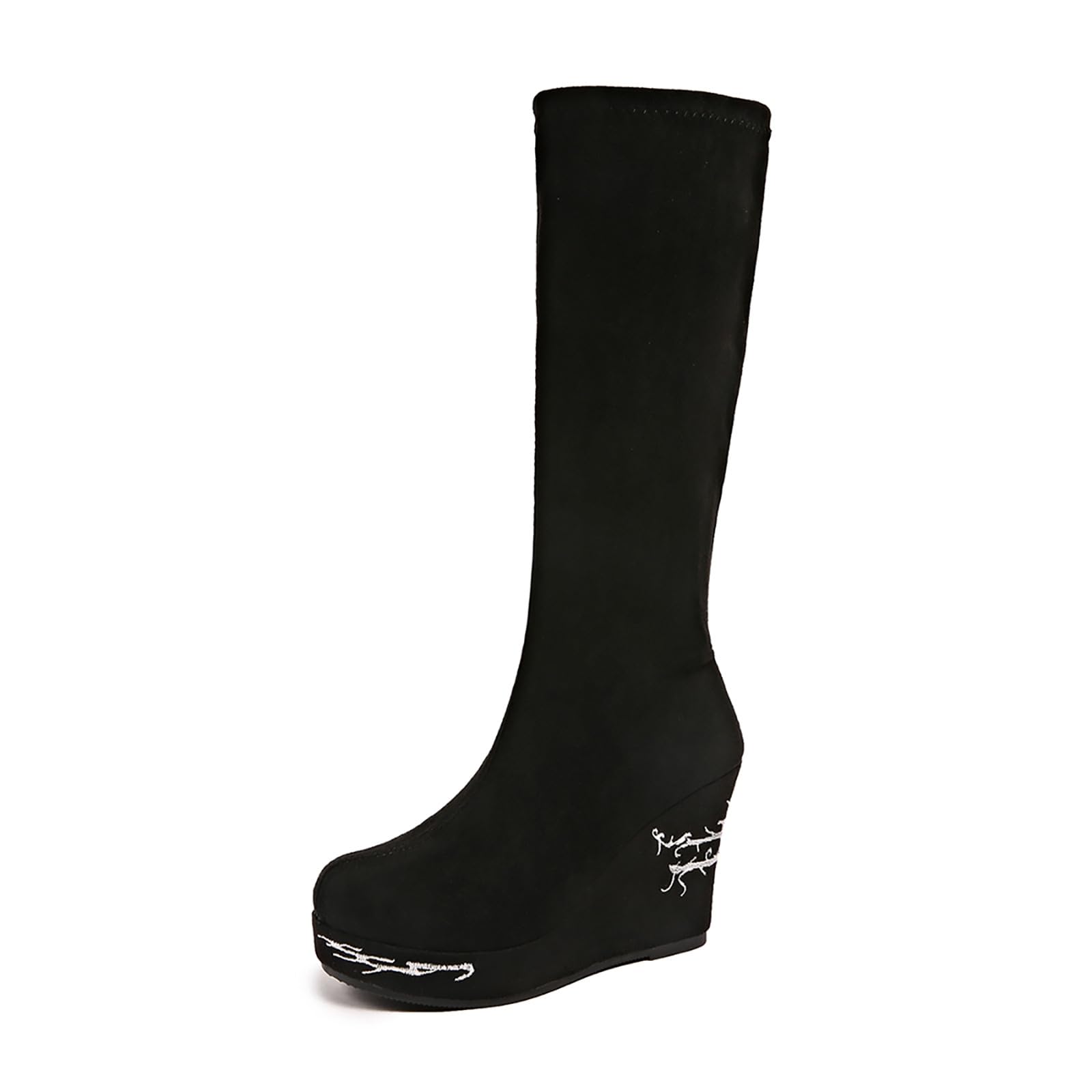 Botas por Encima de la Rodilla Botas de Media Pantorrilla con Estampado, tacón Grueso, sin Cordones, Punta Redonda, Estilo Retro, Informal, a la Moda, cómodas para Caminar