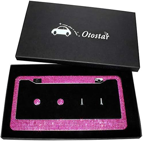 OTOSTAR 7 Row Pure Handmade Waterproof Bling Bling Rhinestones Stainless Steel Metal License Plate Frame with 2 Holes with Matching Screws Caps (hotpink)