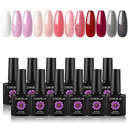 12 Colors Gel Nail Polish Kit Soak Off Glitter White Pink Red Purple Grey Color Gel Nail Polish Set for Nails Salon Home Manicure DIY