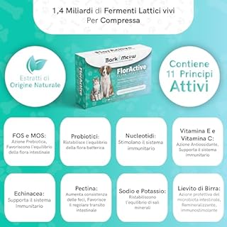 FlorActive Fermenti Probiotici per cani e gatti 1,4 miliardi UFC. Favorisce l'equilibrio intestinale e ristabilisce la flora batterica. Con Prebiotici FOS e MOS. 30 Compresse