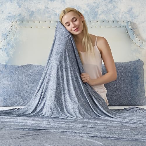 Image of CHOSHOME Cooling Blanket for Hot Sleepers - Summer Blanket Thin Soft Lightweight Breathable Double Side Enhanced Cooling for Hot Flashes, Night Sweats, Bed, Couch (Navy Blue, 96 x 102 inches)