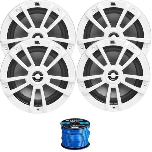 4X 6.5 180 Watts Peak Power 2-Way Multi-Element Marine White Speakers, 50 Feet 16 Gauge Speaker Wire