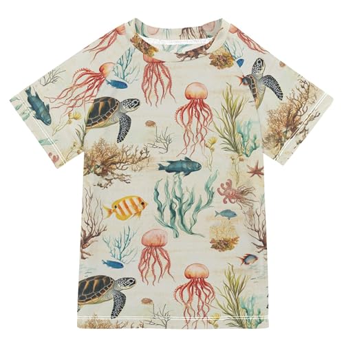Cartoon Sea Turtle Jellyfishes Bathing Suit Kids Sun Protection Girl Rash Guard Swimwears Active Tees for Little Boys 4T
