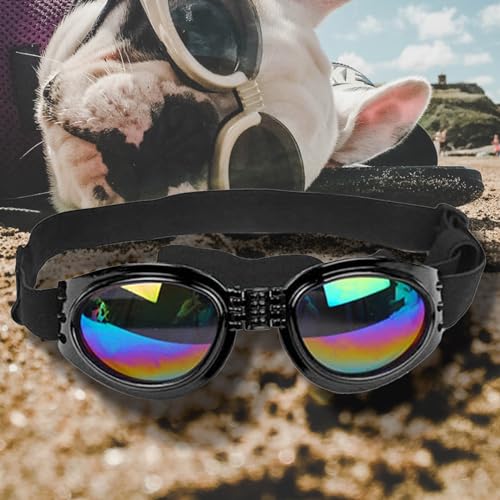 Hundebrille Sonnenbrille für Hunde Anti-UV Schutzbrille, Winddichte Wasserdichte Dog Polarized Sunglasses mit Verstellbarer Riemen für Kleine und Mittlere Hunde (1 Schwarz,Einstellbar)