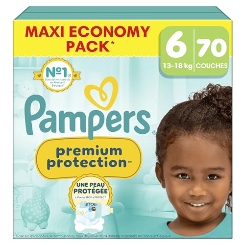 Pampers Premium Protection Taille 6, 70 Couches, 13kg-18kg, Double Protection Pour La Peau Et Contre Les Fuites