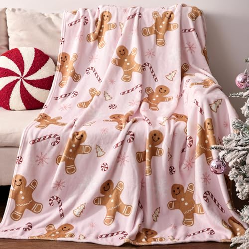 MelonBoat Christmas Gingerbread Throw Blanket: Ultra Soft Pink Flannel Plush Gingerbread Man Bed Blanket Lightweight Cozy Christmas Blanket for Couch Sofa Bed Living Room Home Decor Gifts 50x60