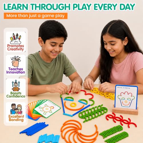 Image of Kidology Sticks & Rings Building Set Toys for Kids | 120 Pcs Shapes Learning Puzzle Toy Game for Kids | 20 Double-Sided Pattern Cards & Wooden Base | STEM Montessori Brain Game for Boys & Girls