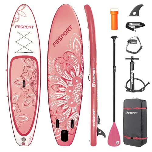 FBSPORT 11' Premium Stand Up Paddle Board, Yoga Board with SUP Accessories & Carry Bag | Wide Stance, Surf Control, Non-Slip Deck, Leash, Paddle and Pump for Youth & Adult (PinkWhite)