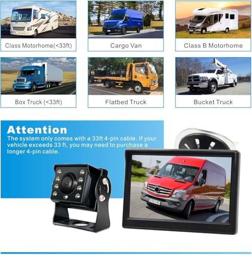 4Pin Auto-Rückfahrkamera Parkassistenzsystem, 12V-24V 5 'TFT LCD HD Farb-Rückfahrmonitor + 8 LEDs...