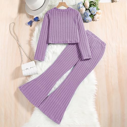 Kids Girls Ribbed Knit Crop Pullover Solid Color Long Sleeve Crew Neck Sweater Slim Flared Trousers Clothes Sets3