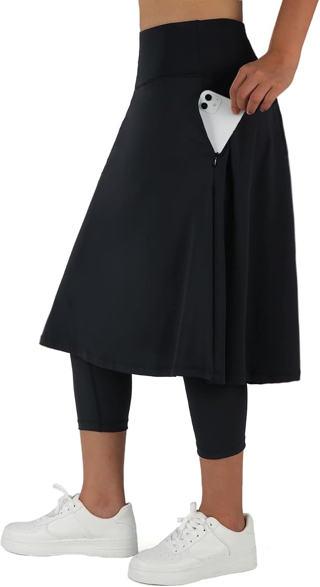 Falda larga ANIVIVO para mujer con leggings Leggings con falda y bolsillos | Cintura alta, bolsillos con cremallera, rodilla de 24", falda atlética modesta, ligera y cómoda para entrenar, viajar, informal