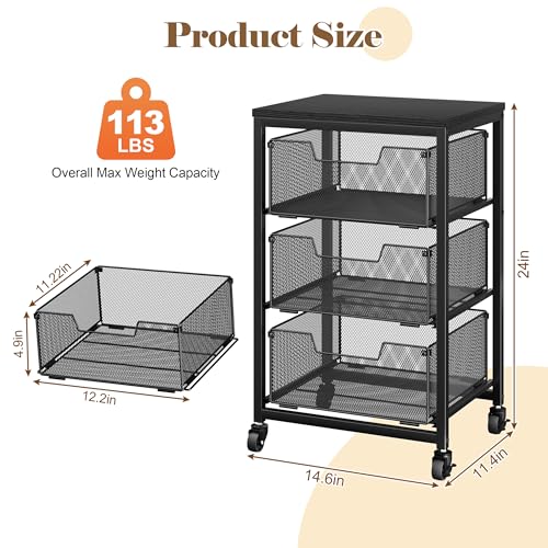 Image of Under Desk Storage Cart with Lockable Wheels, 3-Drawer Rolling Storage Cart, Metal Utility Cart with Drawers for Art, Cart, Classroom, Office, Kitchen, Bedroom, Dorm Storage Under Bed