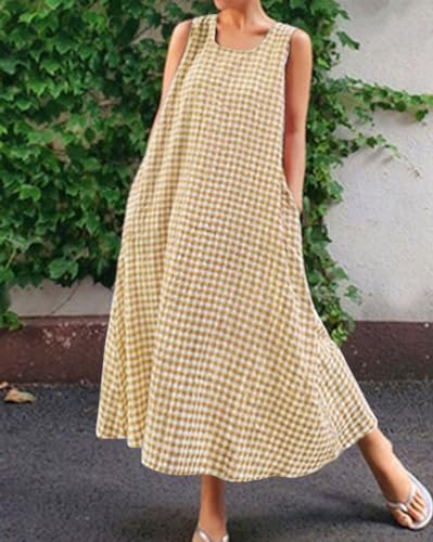 Image of chouyatou Women's Summer Casual Loose-Fit Cotton Plaid Tank Maxi Dress with Pockets Boho Beach Sundress