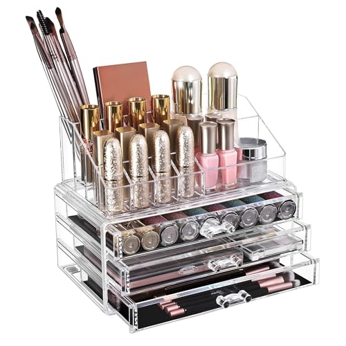 SONGMICS Make-up Organizer, Kosmetik-Organizer mit 3 Schubladen und 15 Fächern in unterschiedlichen Größen, transparent JKA002TP