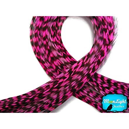 Hair Extension Feathers, Rooster Feathers - Hot Pink Thin Long Grizzly Rooster Hair Extension Feather & Silicon Bead