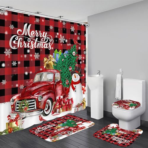 Yizheer Merry Christmas 4Pcs Snowman Waterproof Shower Curtain Set with Non-Slip Rugs, Toilet Lid Cover and Bath Mat, Bathroom Home Decor Set