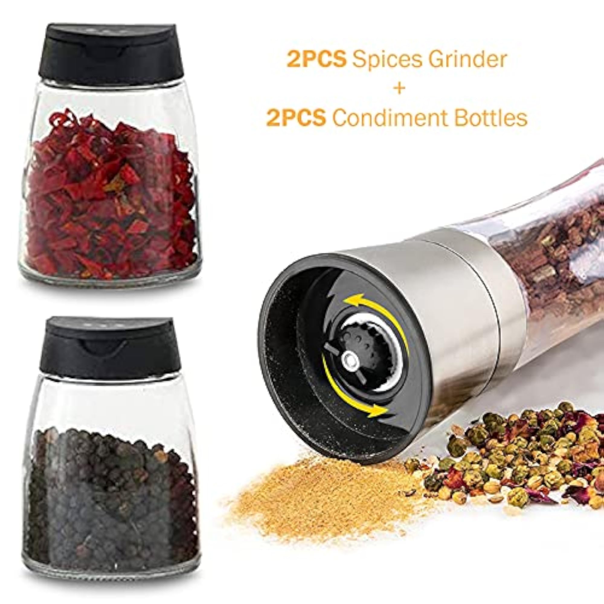 Salt and Pepper Grinder Set Combo with Two Free Spice Jars