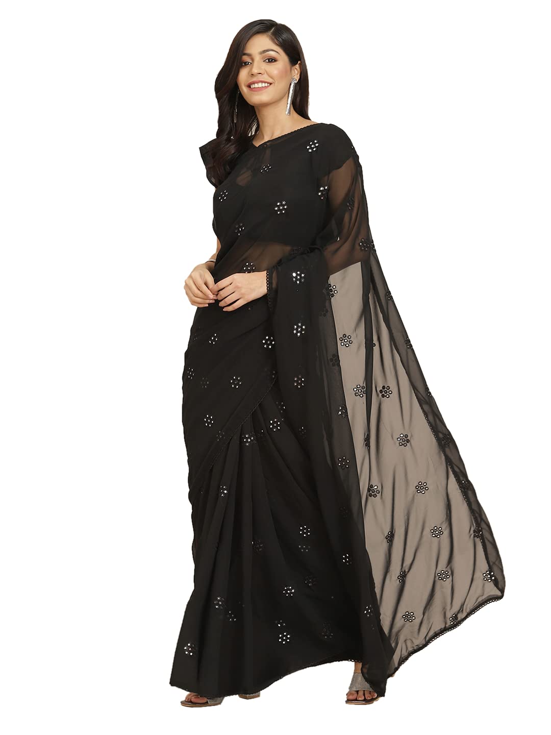WomanistaWomen's Women Georgette Saree ll Women Embellished saree ll Women Black saree ll Un-stitched blouse saree
