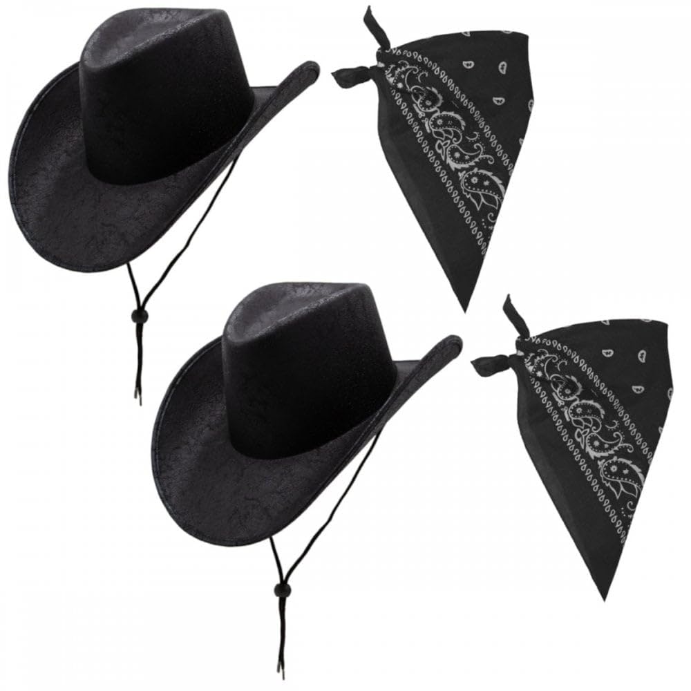 Titch & Timbo Cowboy Hats Pack of 2 Unisex Western Hats & Bandanas Texas Texan Costume Accessories for Men Women Adults Wild West Pop Tour Hen Stag Fancy Dress Party (BLACK Aged (2))