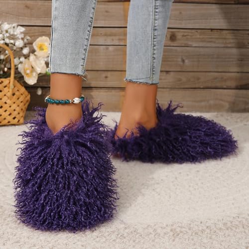 Image of Unisex Fuzzy Faux Fur Slippers, Women's Fluffy Long Hair Sheep Faux Fur Slip on Slides, Girls Luxury Big Fluffy Outdoor Flat Slippers, Long Curly Hair Non-Slip Warm Home Slide Shoes